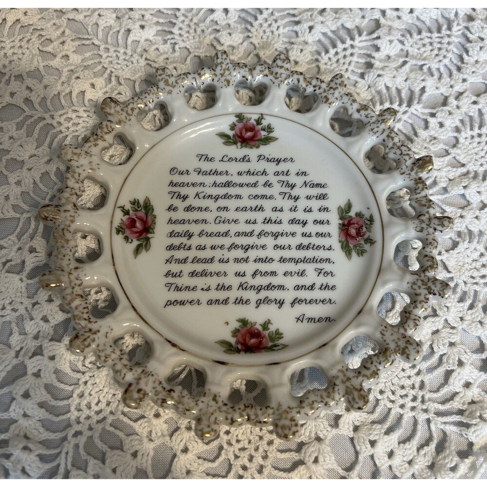 Vintage Lord’s Prayer Plate 5.75” Gold Trim Pink Roses